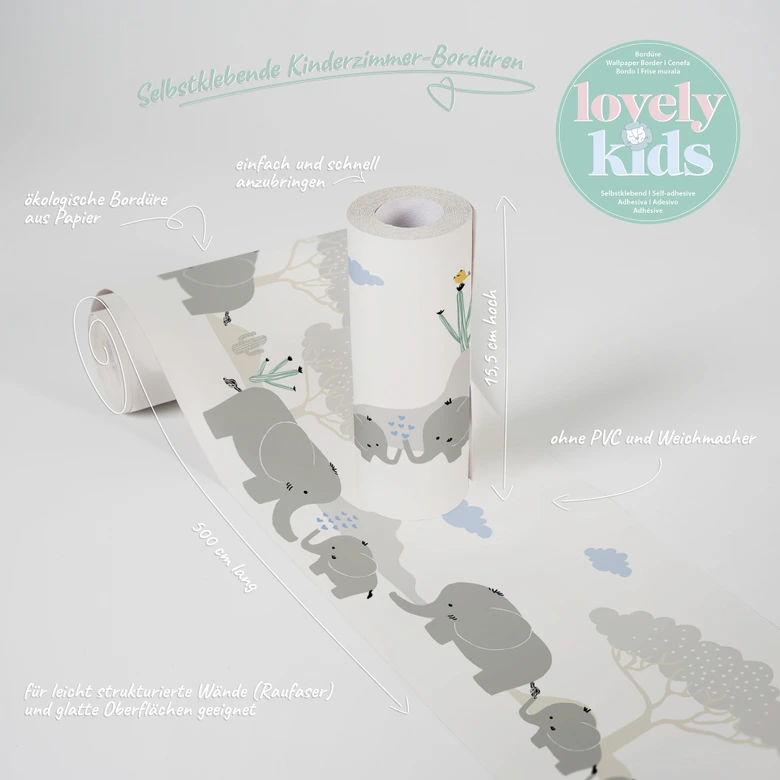 Lovely Kids selbstklebende Kinderzimmer Bordüre Elephant Family mit niedlichen Elefanten 
