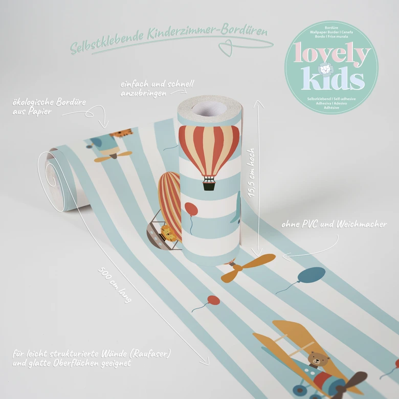 Lovely Kids selbstklebende Kinderzimmer Bordüre Flying Party mit Ballon, Luftschiff und Flugzeug 