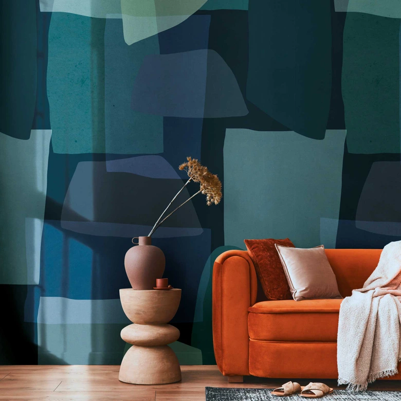 Abstrakt fototapet blågrön - Icke-vävd tapet med organiska former - modern designtapet 