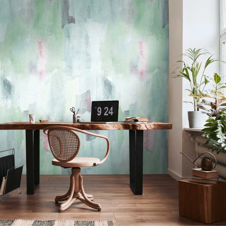 Fototapeta akwarela w kolorze zielonym różowym - artystyczny wzór tapety - tapeta z włókniny nowoczesna 