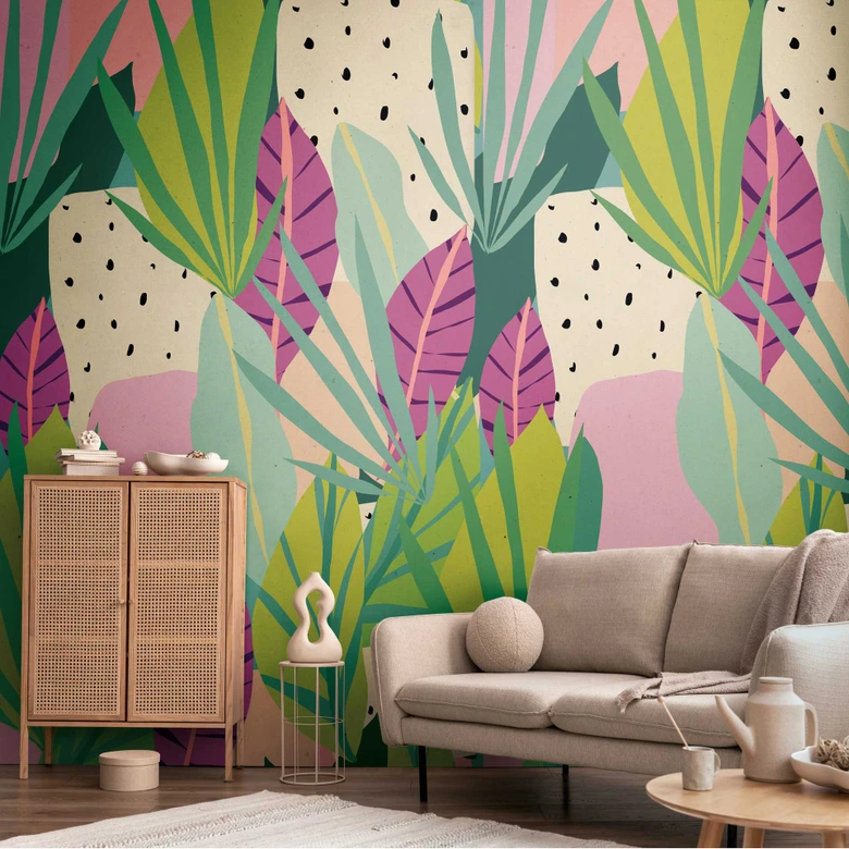 Fotobehang kleurrijk groen roze - junglebehang modern met bladeren - Vliesbehang 