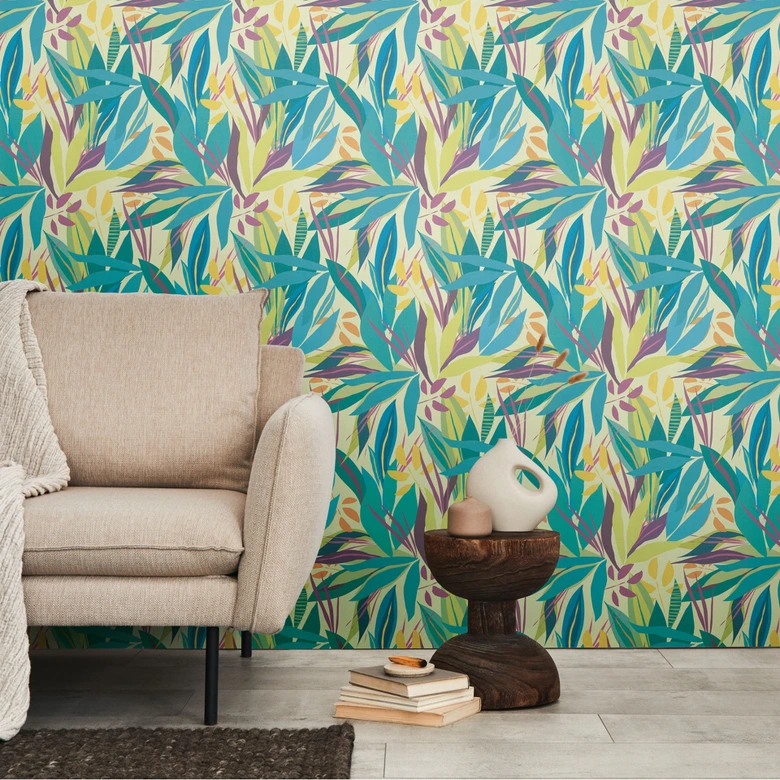 Tapeta tropikalna kolorowa jasnozielona - motyw egzotycznych liści - tapeta z włókniny nowoczesna 
