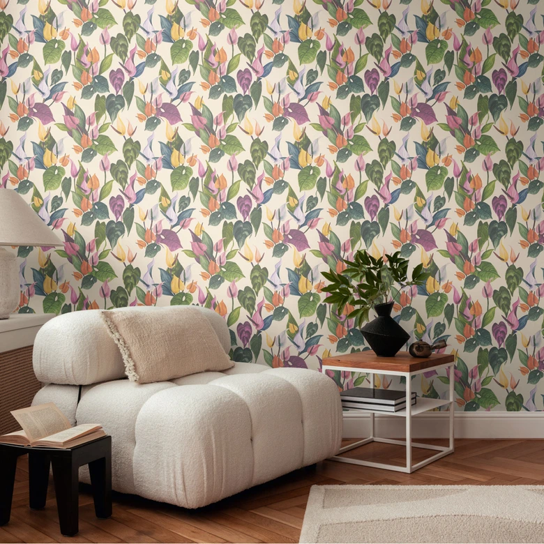 Florale Tapete Anthurien Bunt auf Creme – Tropische Blumentapete – Vliestapete 
