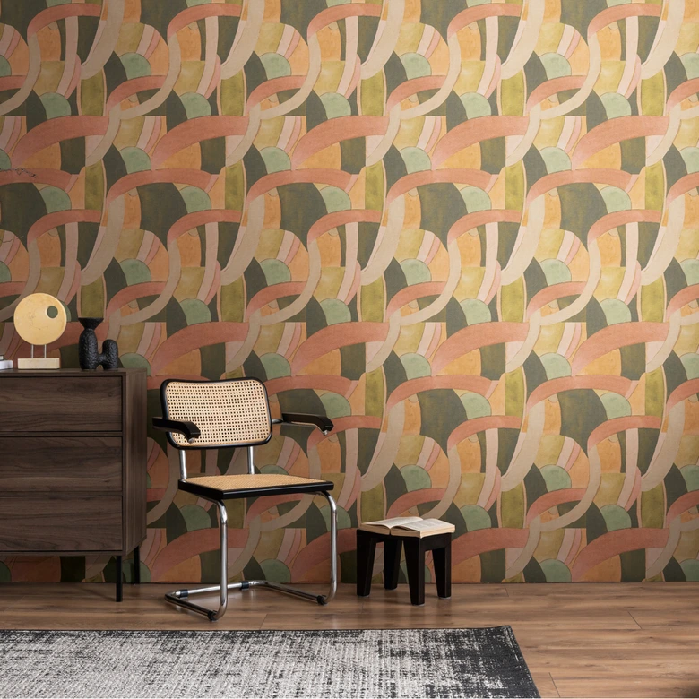 Abstrakte Mustertapete in Terrakotta Grün Beige – Künstlerische Linien-Vliestapete 
