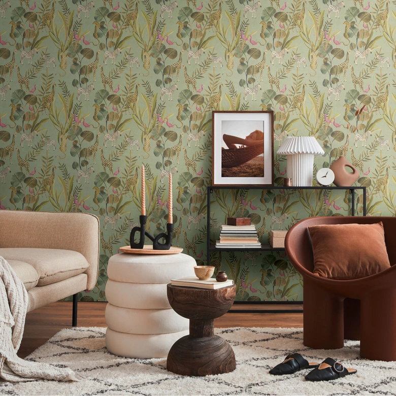 Safari tapet mintgrön färgglad - Icke-vävd tapet med djur och löv - mönster tapet 