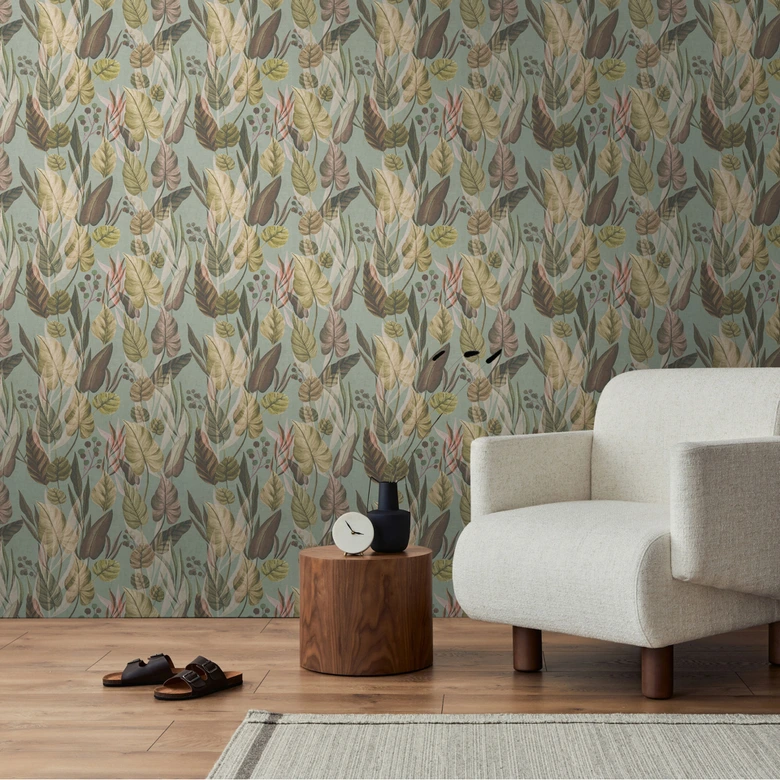 Botanik-Tapete Grün Beige – Dschungel-Mustertapete mit Pflanzen – Vliestapete 