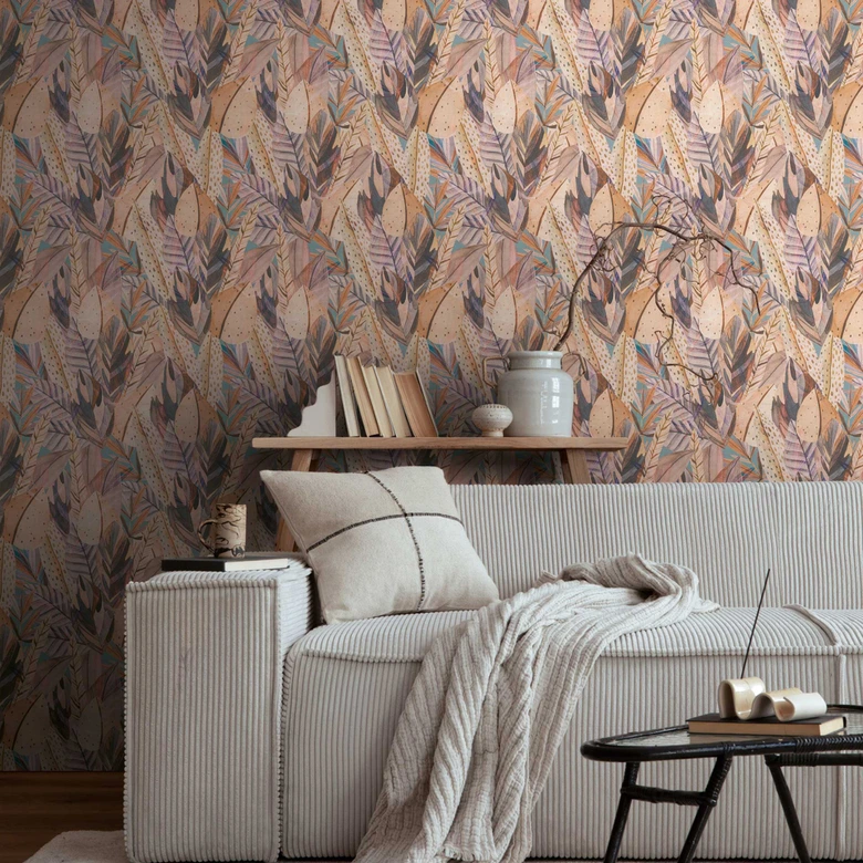 Jungle behang paars beige - pastelkleurige bladeren modern - Vliesbehang 