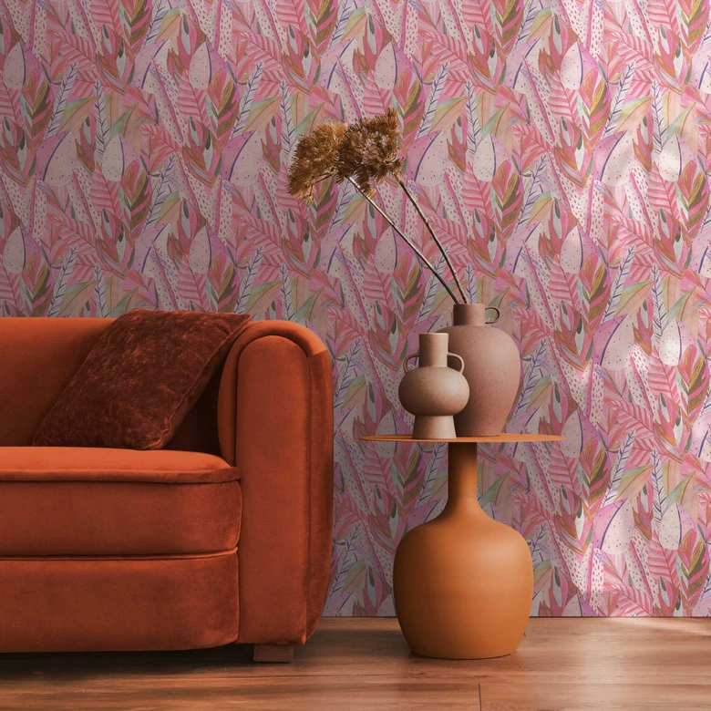 Djungel tapet rosa lila - exotiska blad starka färgglada - Icke-vävd tapet modern 