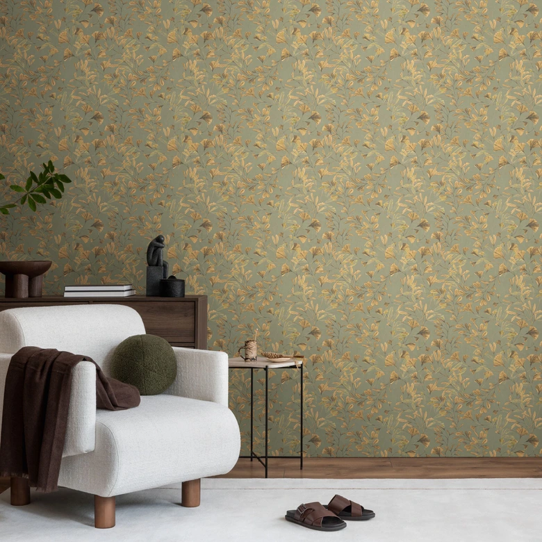 Florale Tapete Ginkgo-Blätter Grün Gelb – Naturmotiv mit Zweigen – Vliestapete modern 