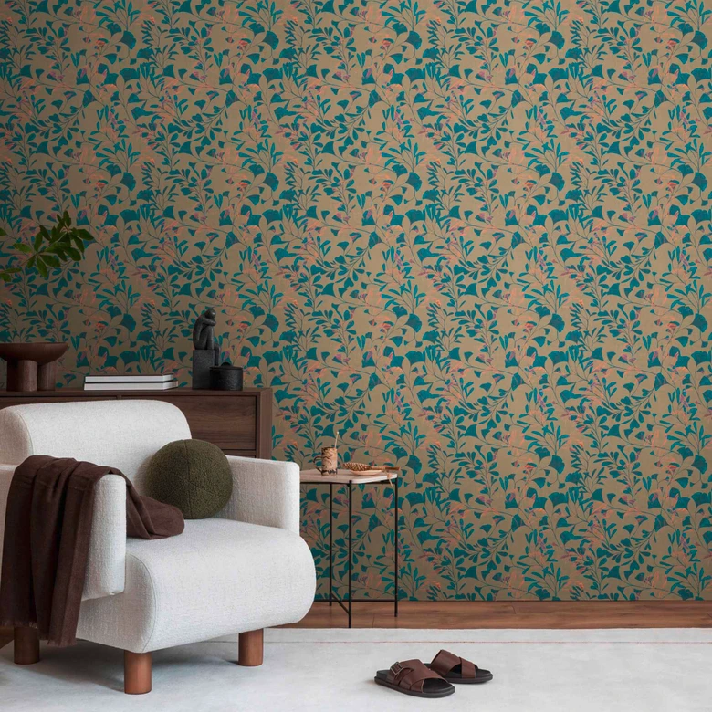 Blätter-Tapete Ginkgo Blau Beige – Vliestapete mit Kupferakzenten – Modernes Naturmotiv 