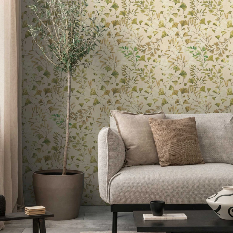 Blätter-Tapete Ginkgo Natur Creme – Vliestapete mit sanften Grüntönen – Modern & Elegant 