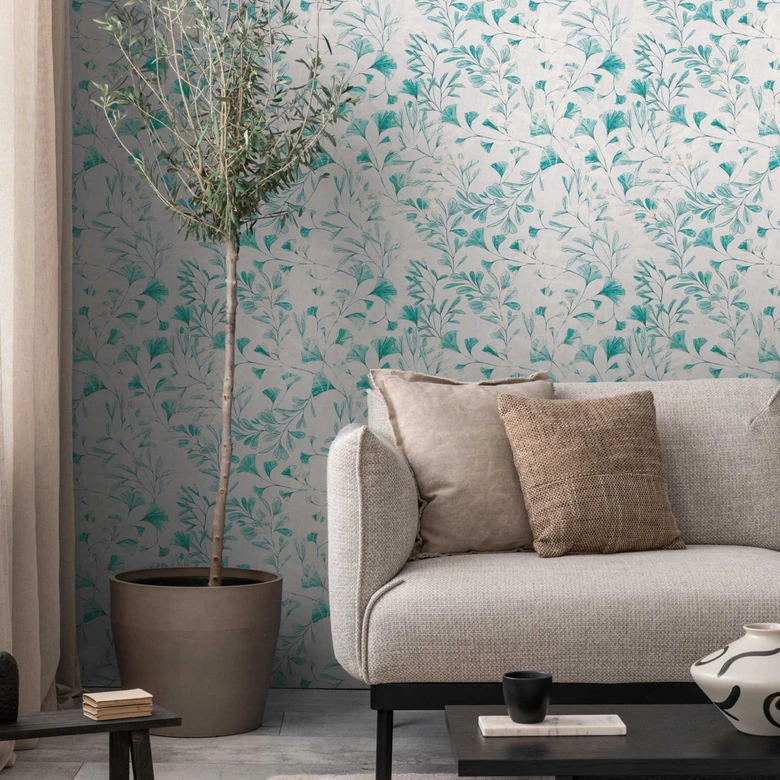 Blätter-Tapete Ginkgo Türkis Weiß – Vliestapete mit Aquarell-Look – Frisch & Leicht 