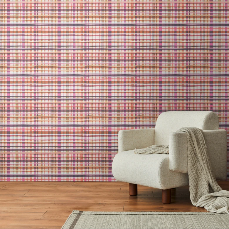Ternet tapet akvarel pink orange - Ikke-vævet tapet moderne ternet - farverigt & kreativt 