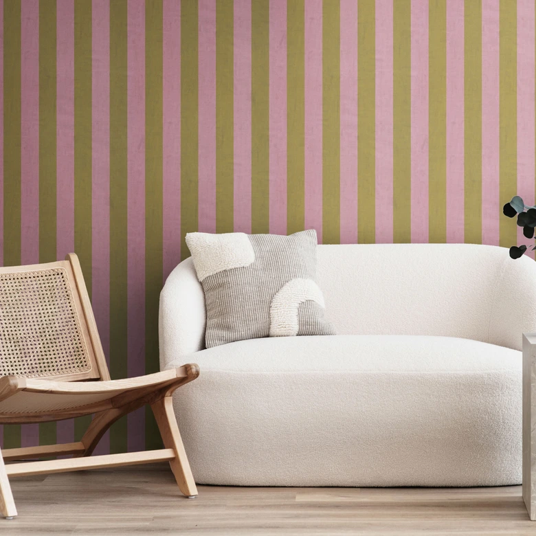 Papier peint rayé rose vert olive - motif classique rayé mat - Papier peint intissé moderne 