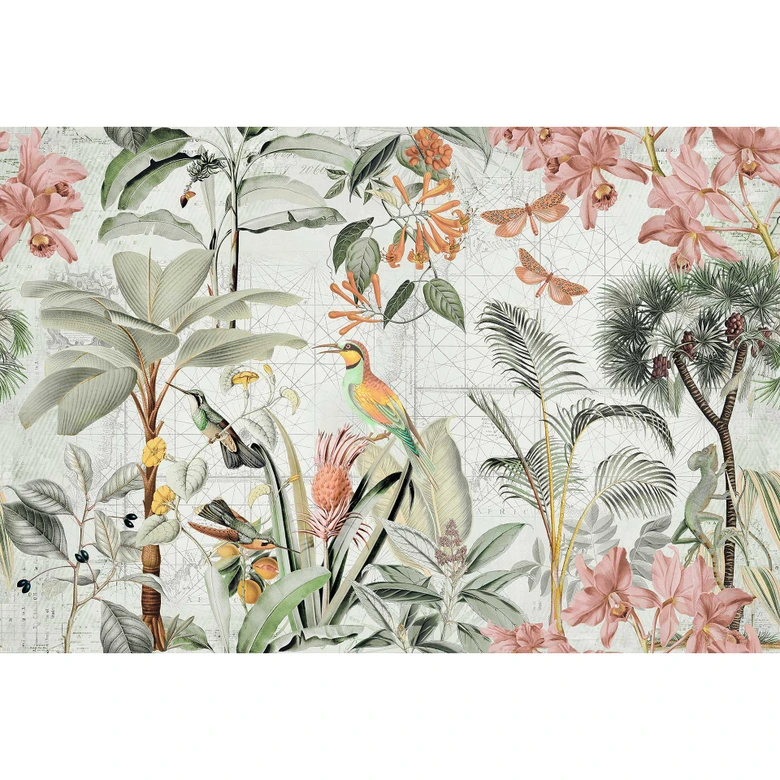 Livingwalls Fototapete ARTist Tropical Paradise mit Dschungel Vögeln und Schmetterlingen creme, grün, orange, rosa 