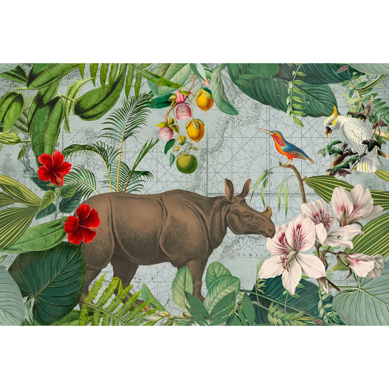 Livingwalls Fototapete ARTist Jungle Rhino mit Dschungel und Nilpferd braun, grün, orange, rosa, rot 