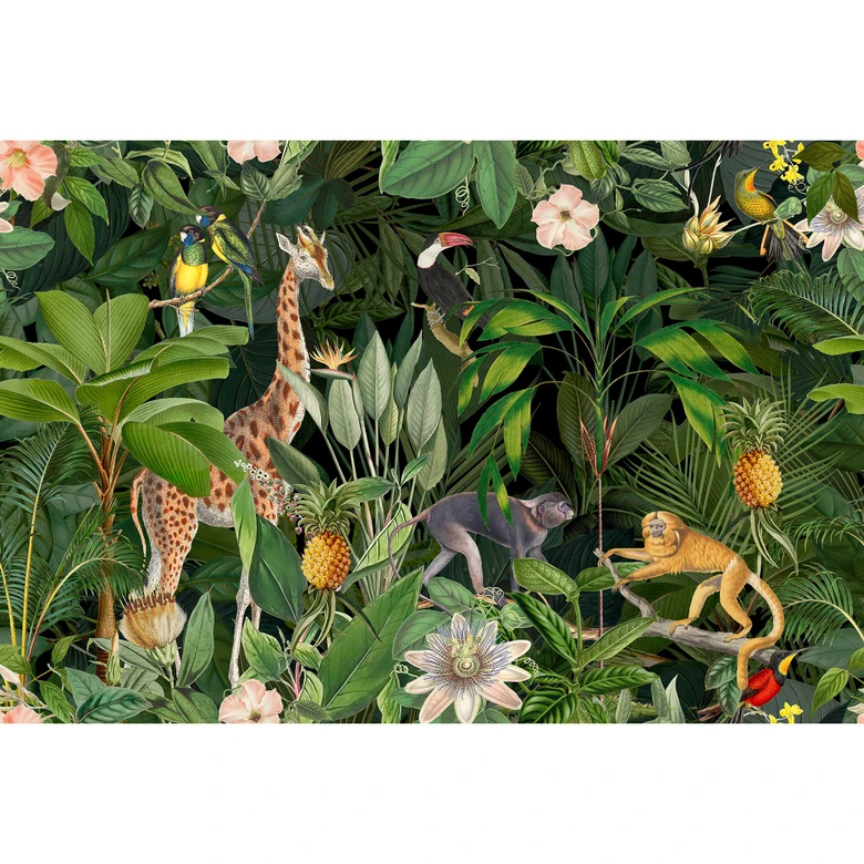 Livingwalls Fototapete ARTist Nostalgic Animals mit Dschungel und Giraffe gelb, grün, orange, schwarz 