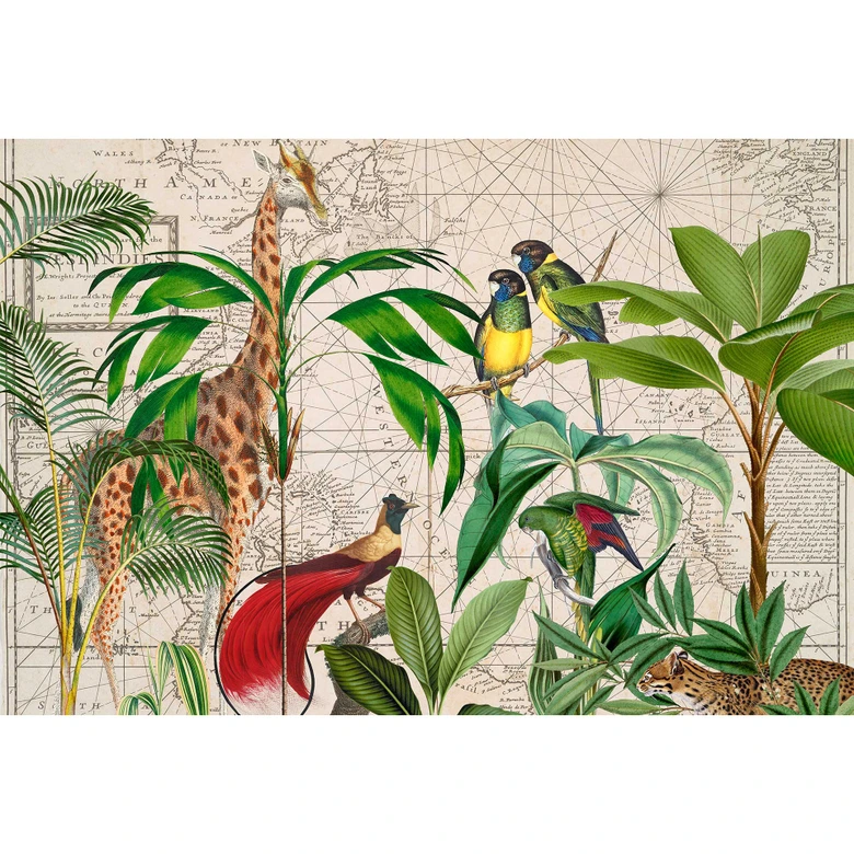 Livingwalls Fototapete ARTist Palm Tree Map mit Dschungel und Giraffe beige, braun, grün, rot 
