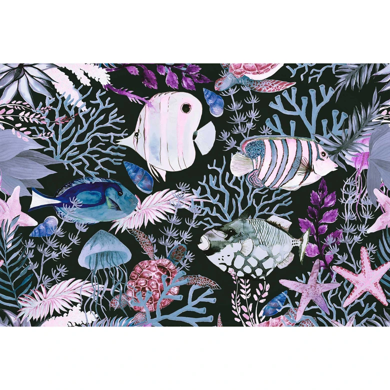 Livingwalls Fototapete ARTist Underwater mit Fischen und Korallen blau, rosa, schwarz 