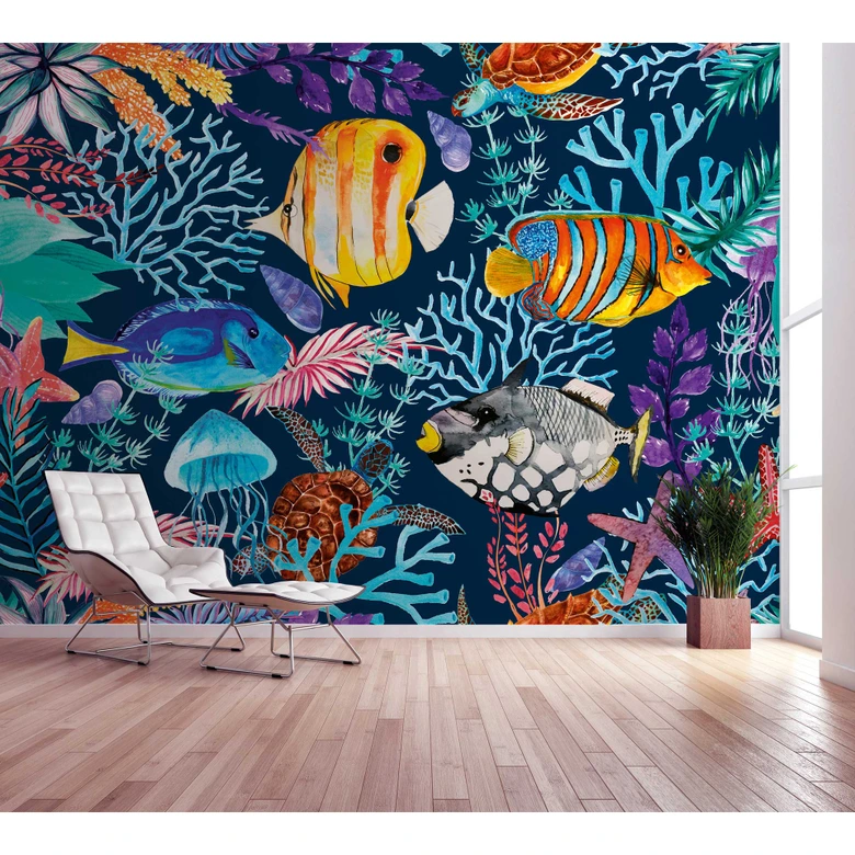 Livingwalls papier peint photo ARTist Underwater avec poissons et coraux bleu, orange, turquoise, violet 