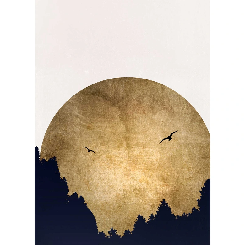 Livingwalls Fototapete ARTist Two Birds mit Mond gold, schwarz, weiß 