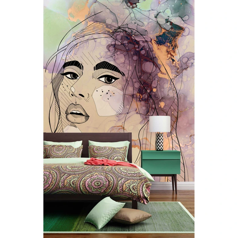 Livingwalls Fototapete ARTist Lady mit Aquarell Zeichnung beige, grün, orange, schwarz, violett 