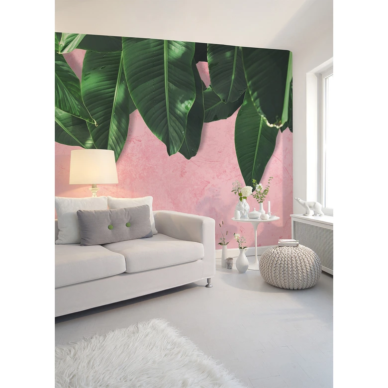 pink and green non-woven wallpaper Designwalls Leaves Wall palms jungle 