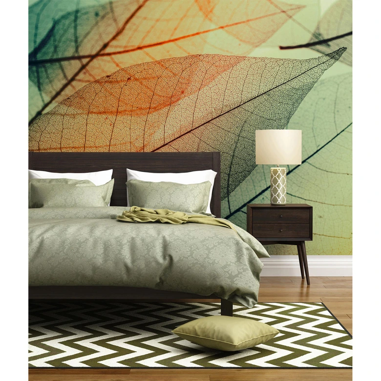 Green and orange non-woven wallpaper Designwalls Limpid Leaf forest 