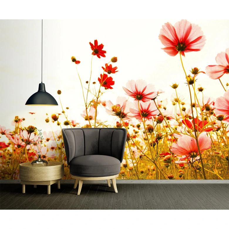 Grøn og pink non-woven tapet Designwalls FlowerMeadow natur valmuer 