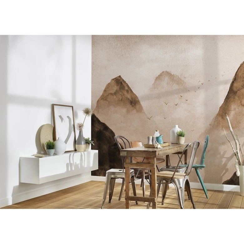 Non-woven tapet Designwalls i beige og sort non-woven tapet Misty Rocks fugle natur 