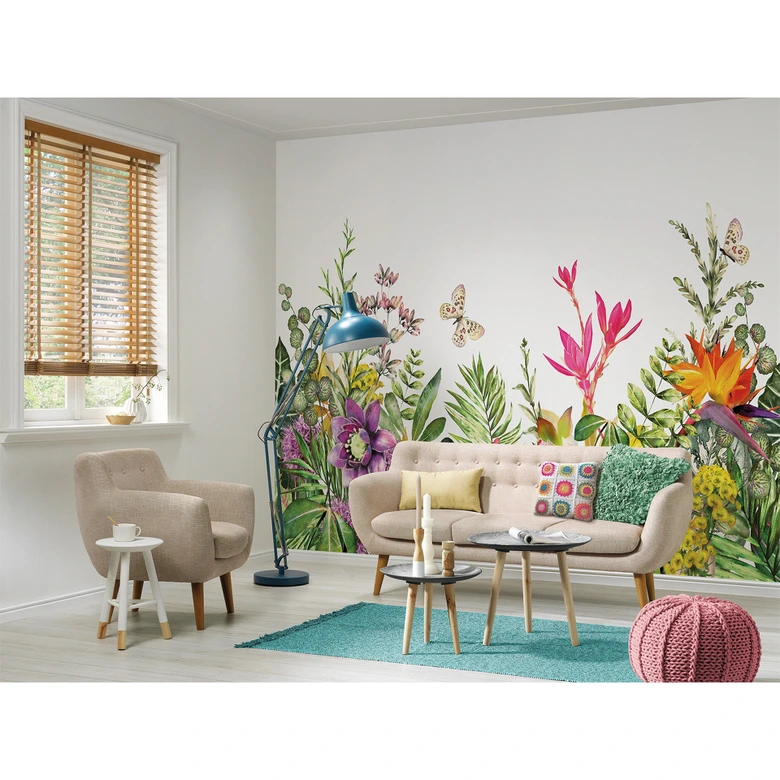 non-woven tapet Motley Flowers sommerfugl natur fototapet Designwalls i farverig og hvid  