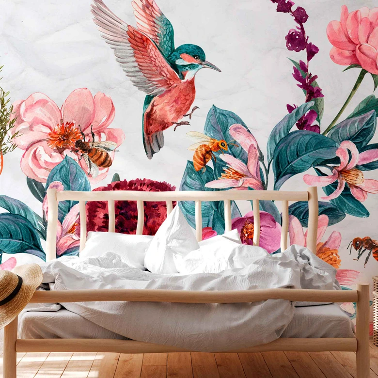 Nature Flying Colibri tapet i grå rød - nonwoven tapet Designwalls 2 - 2,55 x 3,5 m 