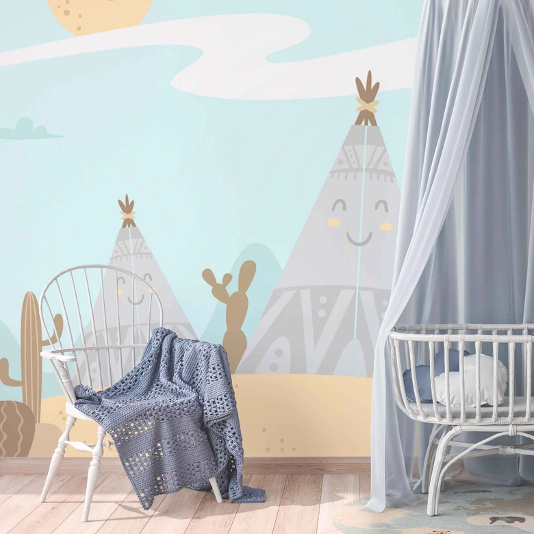 Fototapete Kinderzimmer Western in blau gelb - Vliestapete Designwalls 2 - 2,55 x 3,5 m 