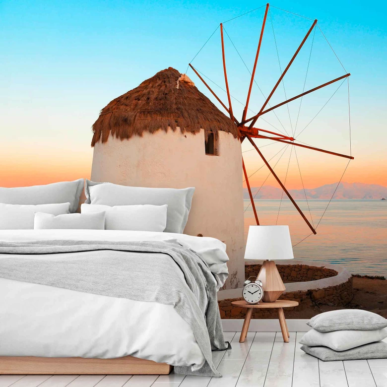 GreekWindmill landskapstapet i blåbrun - Fototapet i non-woven Designwalls 2 - 2,55 x 3,5 m 