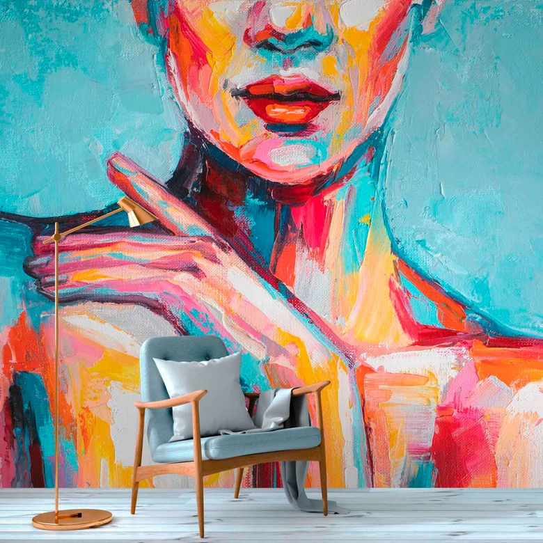 Fototapete Kunst AcrylGirl in blau gelb - Vliestapete Designwalls 2 - 2,55 x 3,5 m 
