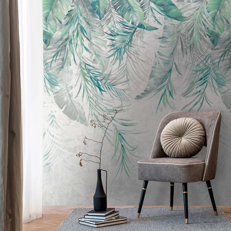 Wall mural with tropical leaves green white - non-woven wallpaper plant motif jungle wallpaper 