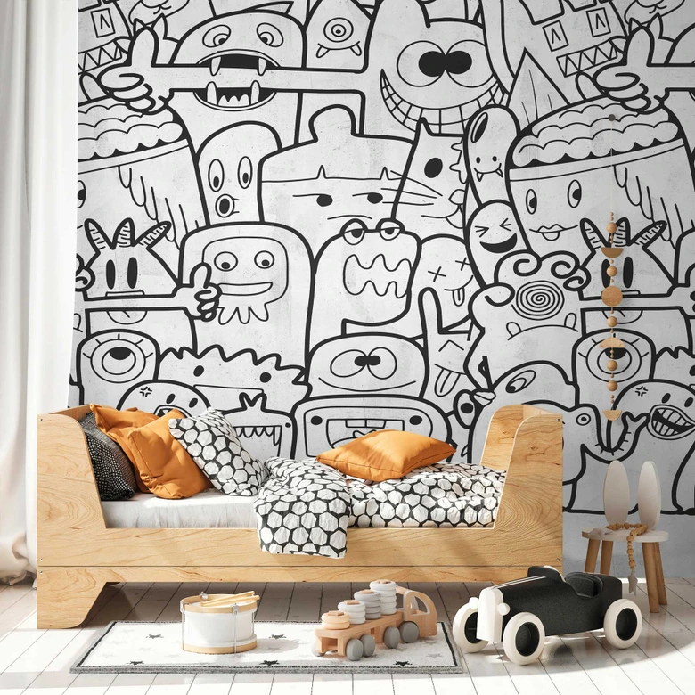 Fototapet med roliga karaktärer svartvitt - non-woven tapet tecknad design - tapet 