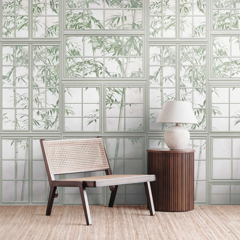 3D window photo wallpaper with bamboo motif - non-woven wallpaper natural look - living room wallpaper 