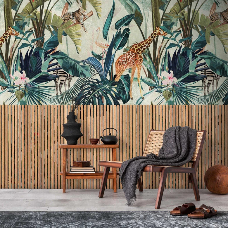 Fototapeta dżungla z drewnianymi panelami - tapeta z włókniny tropikalny wzór - tapeta do salonu 