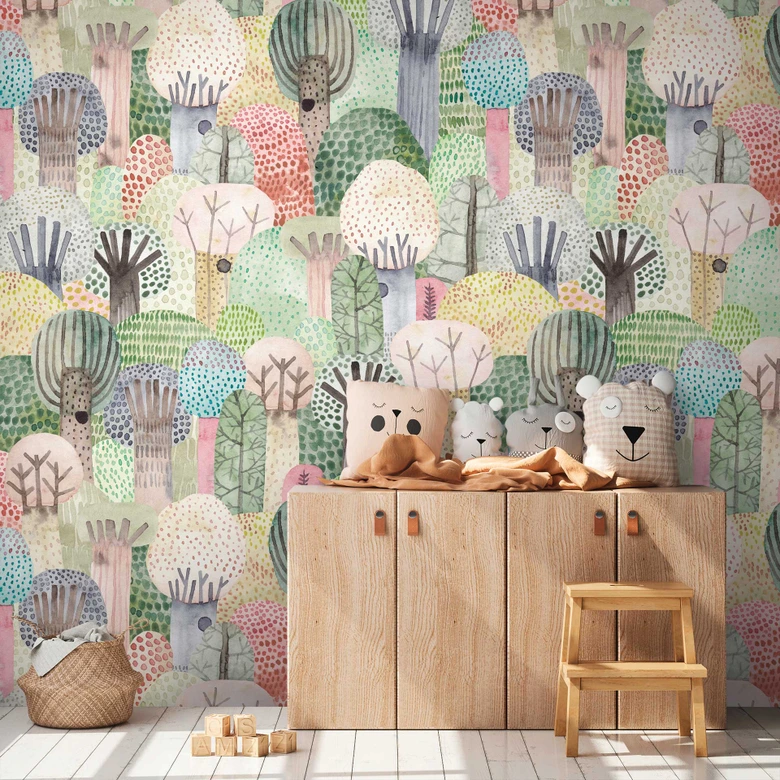 wall mural with colourful forest motif - non-woven wallpaper for children's rooms - playful tree design 