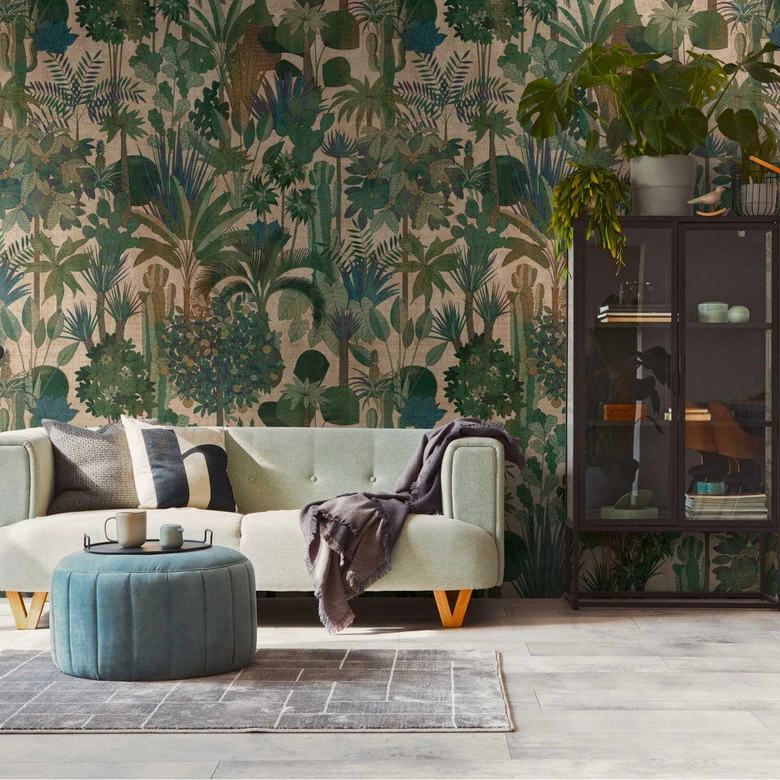 Fototapete Dschungel Grün Beige - Vliestapete mit Pflanzenmotiv - Exotisches Design 