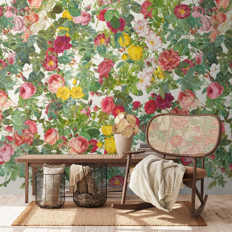 Fototapete Blumenwiese Bunt Grün - Vliestapete mit floralen Motiven - Romantisches Design 