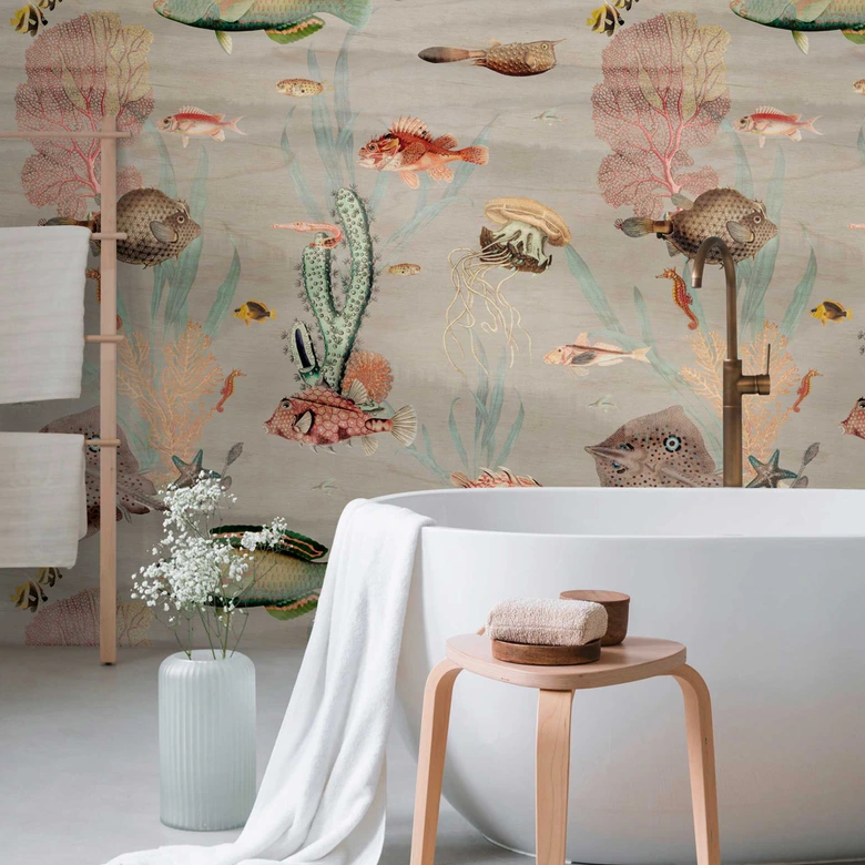 Underwater wallpaper vintage multicoloured - fleece wallpaper with fish for living room and bathroom 