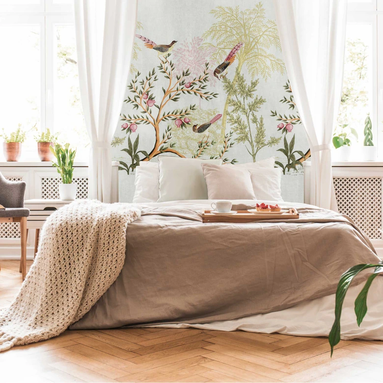 Vintage Grijs Kleurrijk Vogelbehang - vliesbehang met natuurmotief voor woonkamer & slaapkamer 