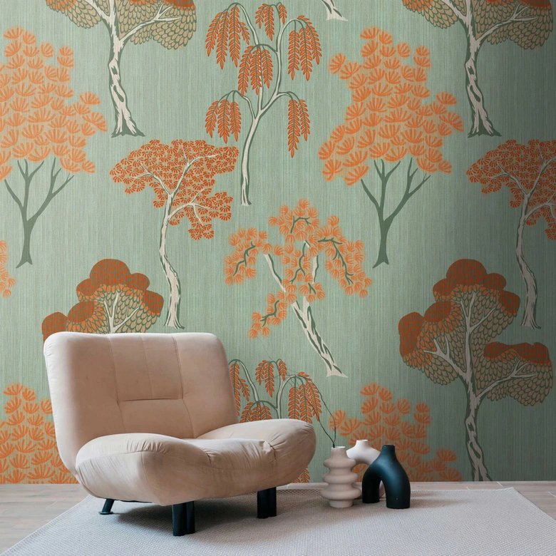 Baum-Tapete Grün Orange - Vliestapete mit Retro-Motiv für Wohnzimmer & Schlafzimmer 