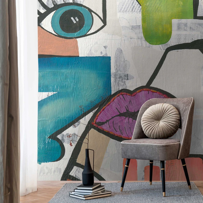 Papel pintado Pop art colorido - papel pintado no tejido retro vintage con motivo de caras para salón & oficina 