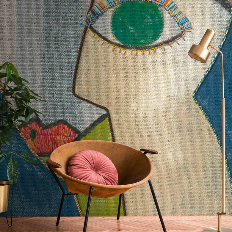 Art wallpaper multicoloured with face motif - non-woven wallpaper for living room & office 