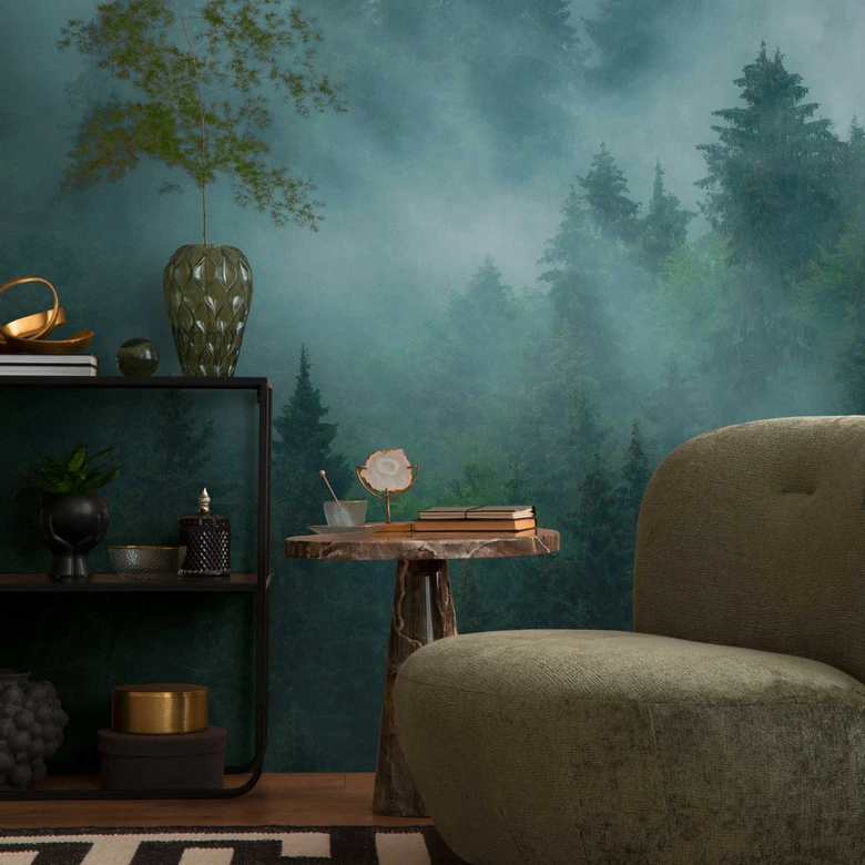 3D-Fototapete Wald Grün - Vliestapete mit Nebelmotiv für Wohnzimmer & Schlafzimmer 