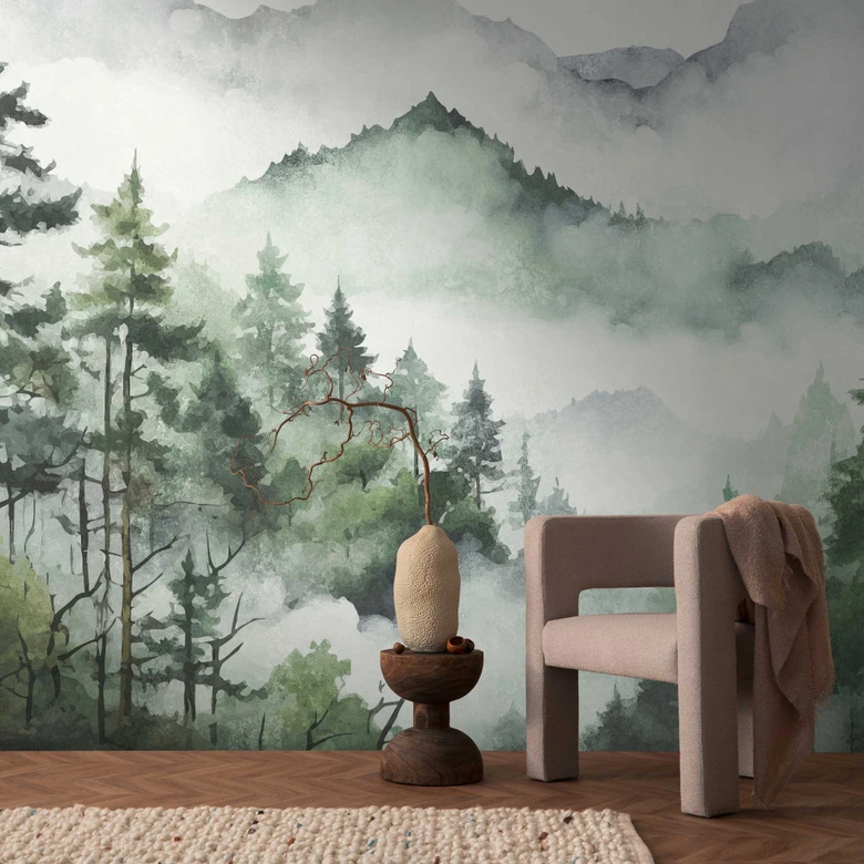 Papier peint photo 3D forêt aquarelle vert foncé - papier peint intissé motif montagne pour le salon 