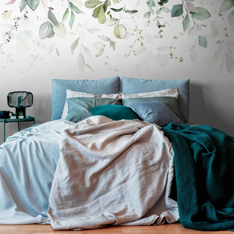 Fotomural hojas verde blanco - Papel pintado tejido-no tejido con motivo acuarela para salón & dormitorio 